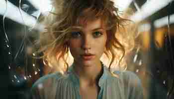 Bezpłatne zdjęcie młoda kobieta z długimi blond włosami patrząca na kamerę na zewnątrz wygenerowaną przez sztuczną inteligencję