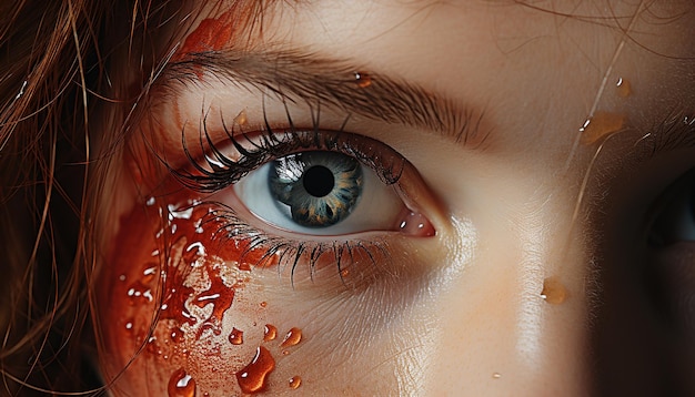 Bezpłatne zdjęcie młoda kobieta z mokrymi oczami wpatruje się w piękno w smutku generowanym przez sztuczną inteligencję