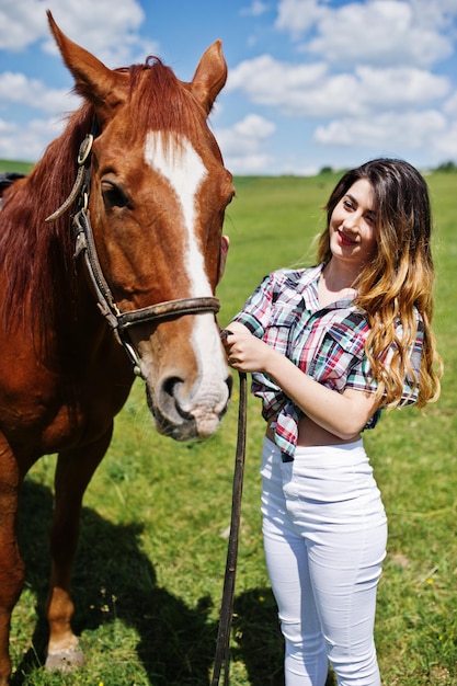 Młoda ładna dziewczyna zostaje z koniem na polu w słoneczny dzień