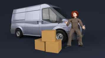 Bezpłatne zdjęcie młoda osoba dostarczająca paczkę z furgonetką