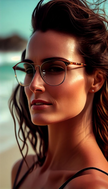 Młoda piękna kaukaska kobieta w okularach przeciwsłonecznych emanująca sztuczną inteligencją