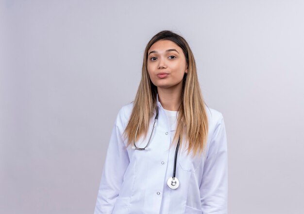 Młoda piękna kobieta lekarz ubrany w biały fartuch ze stetoskopem patrząc z poważnym wyrazem pewności