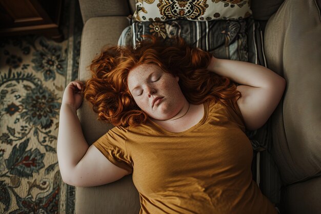 Młoda rudowłosa kobieta śpiąca w domu.