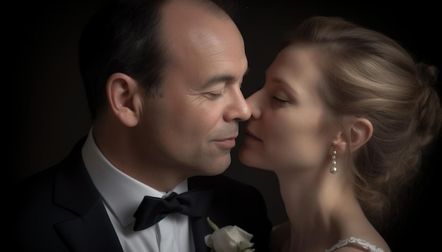 Bezpłatne zdjęcie młoda zakochana para poślubiona, obejmująca się, całująca, świętująca ślub wygenerowany przez sztuczną inteligencję.
