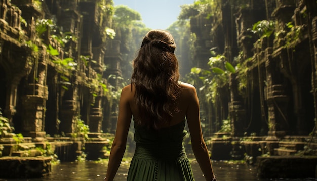 Młode kobiety stojące w tropikalnym lesie deszczowym i podziwiające piękno generowane przez sztuczną inteligencję