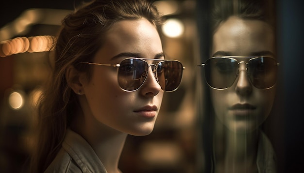 Młode kobiety w okularach przeciwsłonecznych emanują generatywną sztuczną inteligencją na zewnątrz