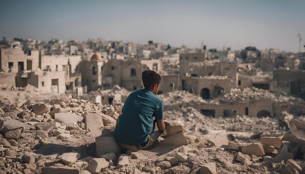 Bezpłatne zdjęcie młody człowiek siedzący pośrodku ruin starego miasta