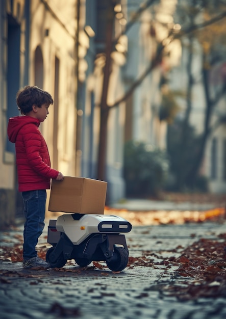 Bezpłatne zdjęcie młody człowiek wchodzi w interakcję z futurystycznym robotem dostawczym