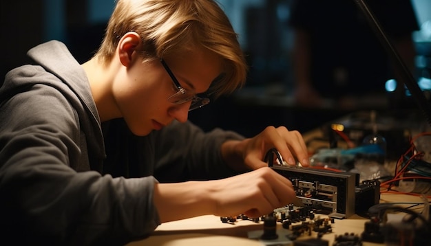 Bezpłatne zdjęcie młody dorosły inżynier naprawiający maszyny z wiedzą generowaną przez sztuczną inteligencję