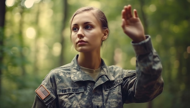 Bezpłatne zdjęcie młody dorosły w mundurze wojskowym stojący na zewnątrz, wygenerowany przez sztuczną inteligencję