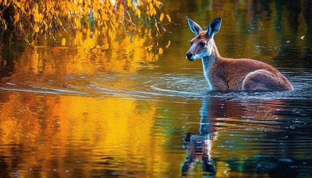 Bezpłatne zdjęcie młody jeleń stojący w spokojnym jesiennym lesie generowany przez sztuczną inteligencję
