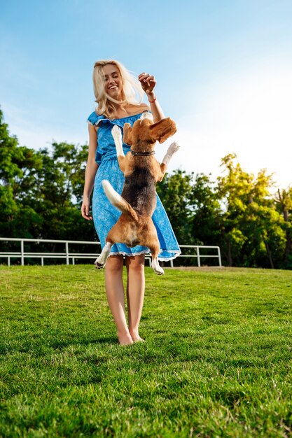 Młody piękny blondynki dziewczyny odprowadzenie, bawić się z beagle psem w parku.