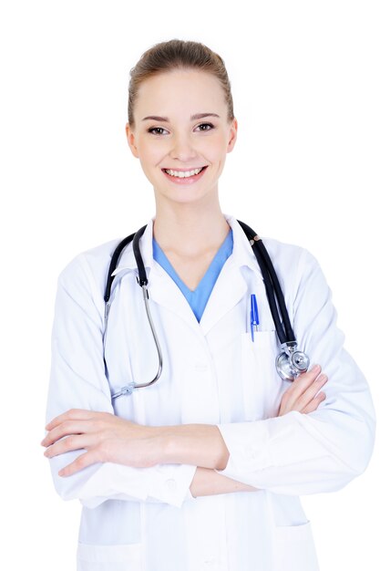 Młody piękny sukces kobiet lekarz ze stetoskopem - na białym tle