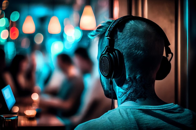 Młodzi dorośli bawiący się w klubie nocnym słuchający sztucznej inteligencji generującej muzykę