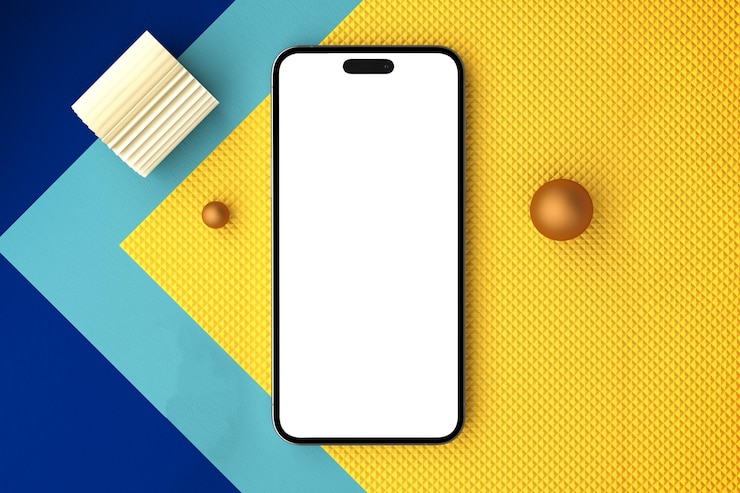 Bezpłatny plik Zdjęcie mockup smartfonu na geometrycznym tle z białym ekranem
