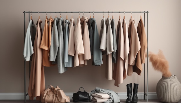 Modna kolekcja odzieży wisząca w nowoczesnym butiku generowanym przez AI