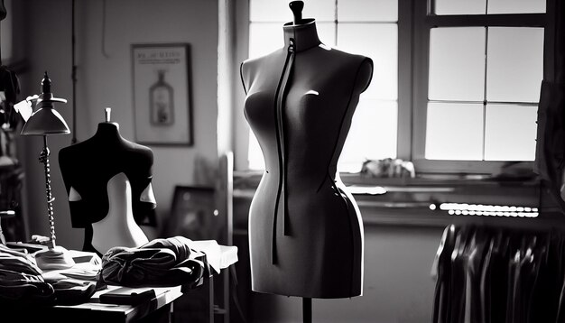 Modny właściciel butiku mierzy sukienkę w czarno-białym studiu generowanym przez AI