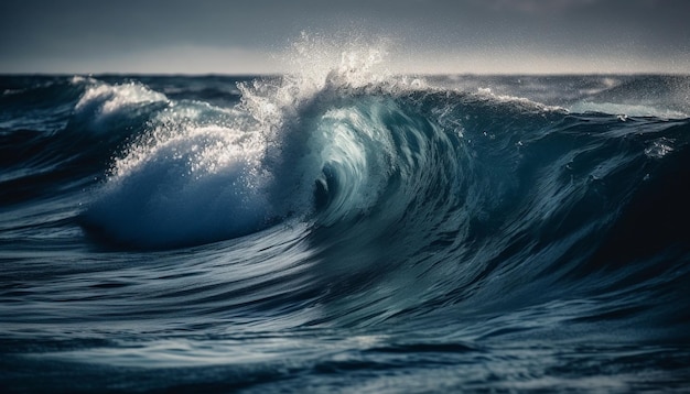 Mokra deska surfingowa ślizga się po pięknej tropikalnej fali beczkowatej generowanej przez sztuczną inteligencję