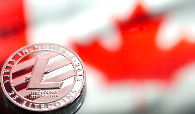 monety litecoin, na tle flagi Kanady, pojęcie wirtualnych pieniędzy, zbliżenie.