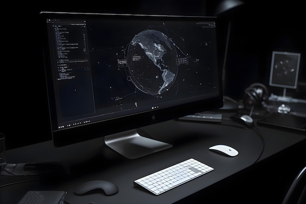 Bezpłatne zdjęcie monitor komputerowy i klawiatura na stole w ciemnym pokoju z czarnym tłem