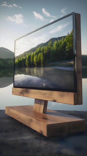 Bezpłatne zdjęcie monitor komputerowy na drewnianej platformie przed jeziorem górskim
