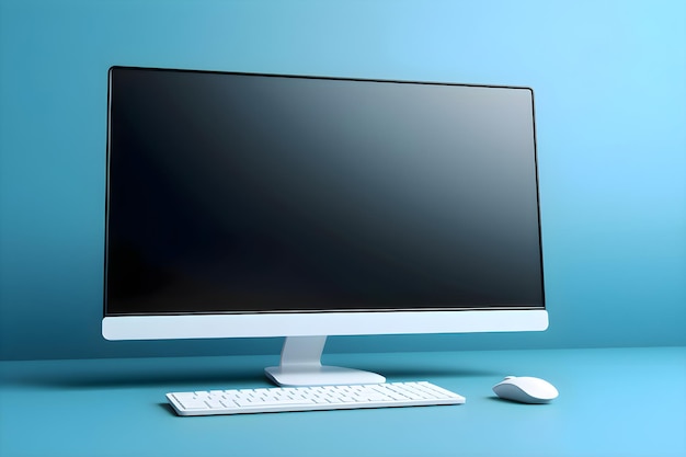 Bezpłatne zdjęcie monitor komputerowy z klawiaturą i myszą na niebieskim tle renderowanie 3d