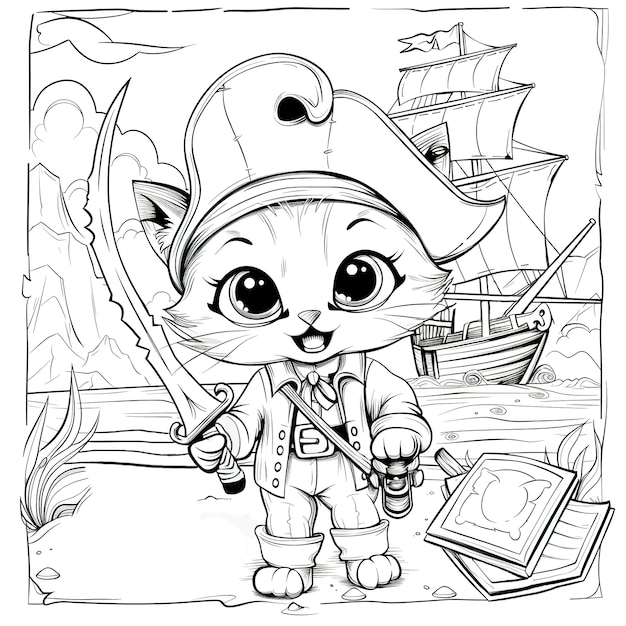 Monochromatyczna strona do malowania z piratami w stylu line art
