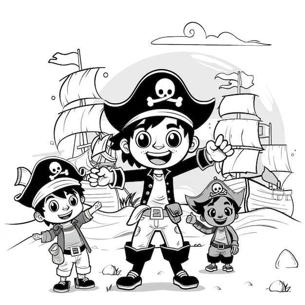Monochromatyczna strona do malowania z piratami w stylu line art