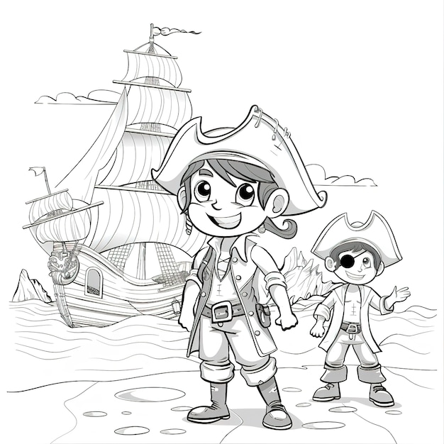 Monochromatyczna strona do malowania z piratami w stylu line art