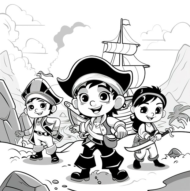 Monochromatyczna strona do malowania z piratami w stylu line art