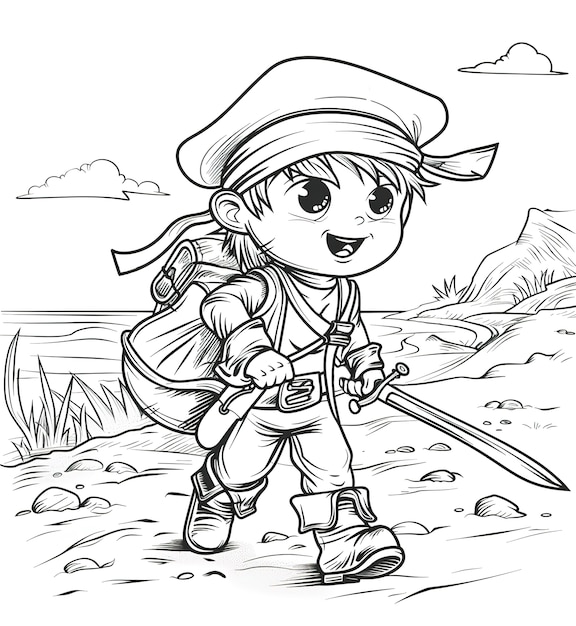 Monochromatyczna strona do malowania z piratami w stylu line art