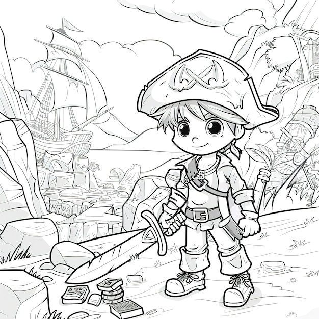 Monochromatyczna strona do malowania z piratami w stylu line art