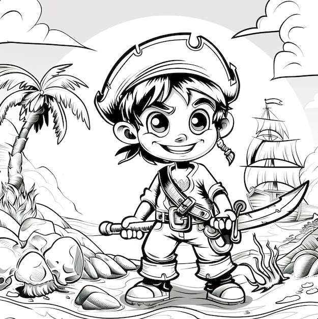 Monochromatyczna strona do malowania z piratami w stylu line art