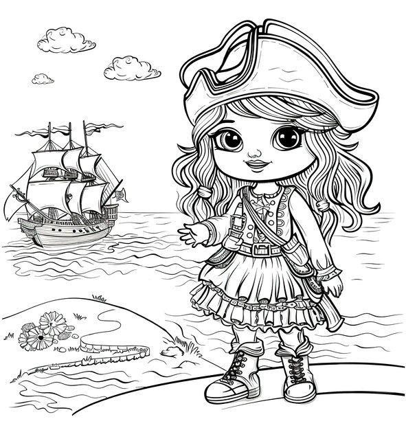 Monochromatyczna strona do malowania z piratami w stylu line art