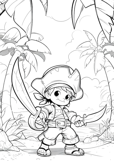 Monochromatyczna strona do malowania z piratami w stylu line art