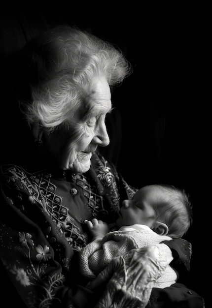 Bezpłatne zdjęcie monochromatyczny portret babci z wnukiem świętowanie dnia dziadków