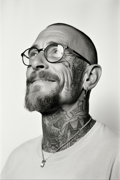 Monochromatyczny portret mężczyzny z tatuażami