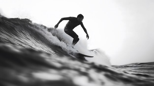 Monochromatyczny portret osoby surfującej pośród fal