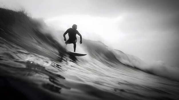 Monochromatyczny Portret Osoby Surfującej Pośród Fal