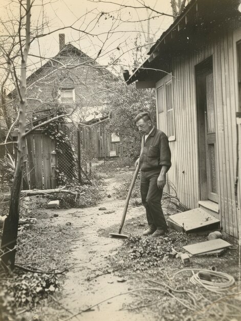 Monochromatyczny portret retro człowieka wykonującego prace domowe i domowe