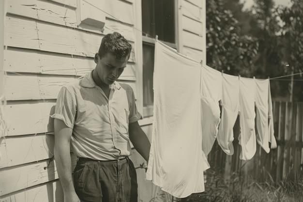 Bezpłatne zdjęcie monochromatyczny portret retro człowieka wykonującego prace domowe i domowe