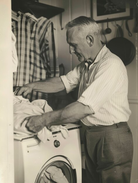 Monochromatyczny portret retro człowieka wykonującego prace domowe i domowe
