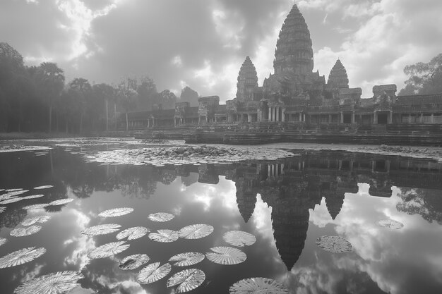 Monochromatyczny widok Angkor Wat na Dzień Światowego Dziedzictwa