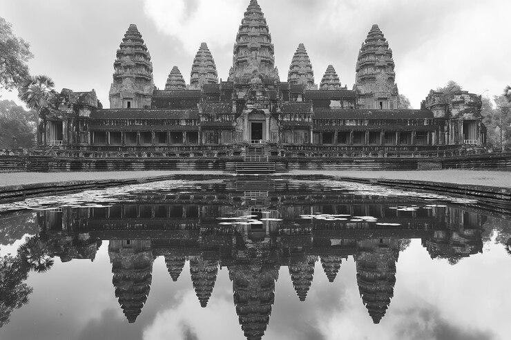 Bezpłatny plik Zdjęcie monochromatyczny widok angkor wat na dzień światowego dziedzictwa