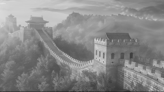 Monochromatyczny widok historycznego Wielkiego Muru Chińskiego