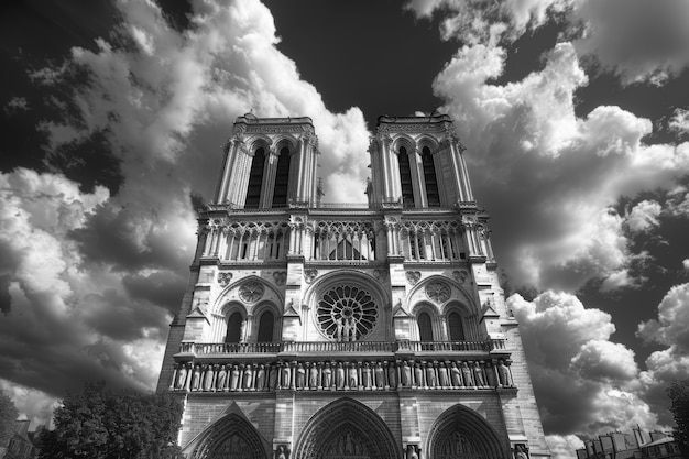 Bezpłatne zdjęcie monochromatyczny widok katedry notre dame na dzień światowego dziedzictwa
