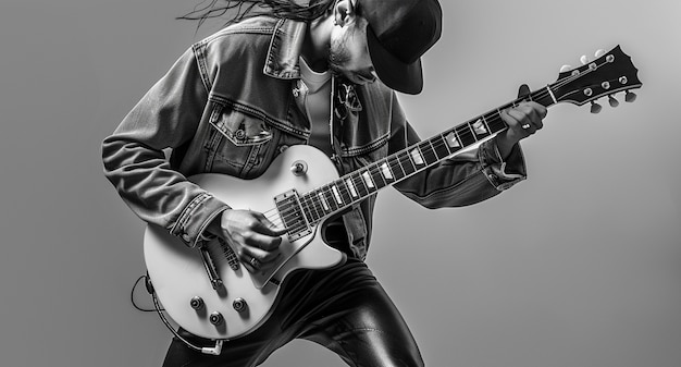 Bezpłatne zdjęcie monochromatyczny widok osoby grającej na gitarze elektrycznej