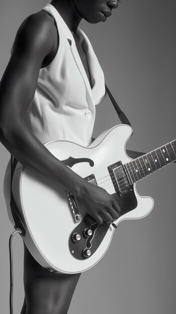 Monochromatyczny widok osoby grającej na gitarze elektrycznej
