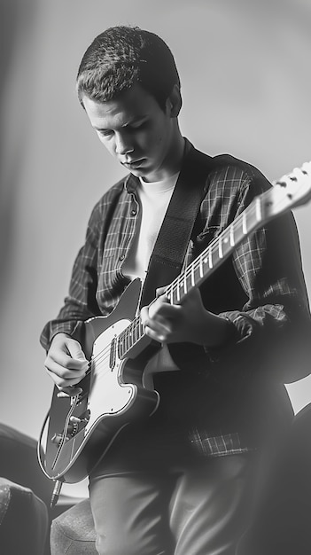 Monochromatyczny widok osoby grającej na gitarze elektrycznej