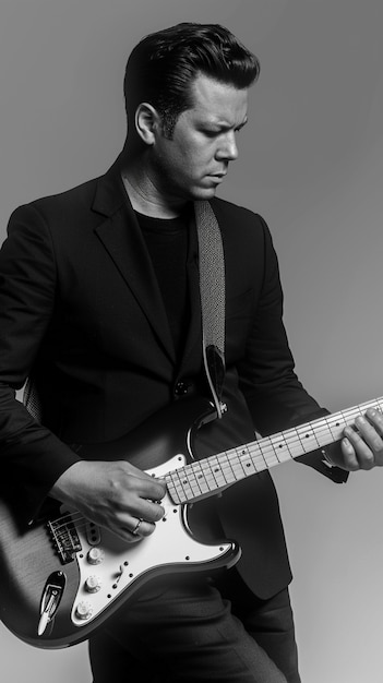 Bezpłatne zdjęcie monochromatyczny widok osoby grającej na gitarze elektrycznej